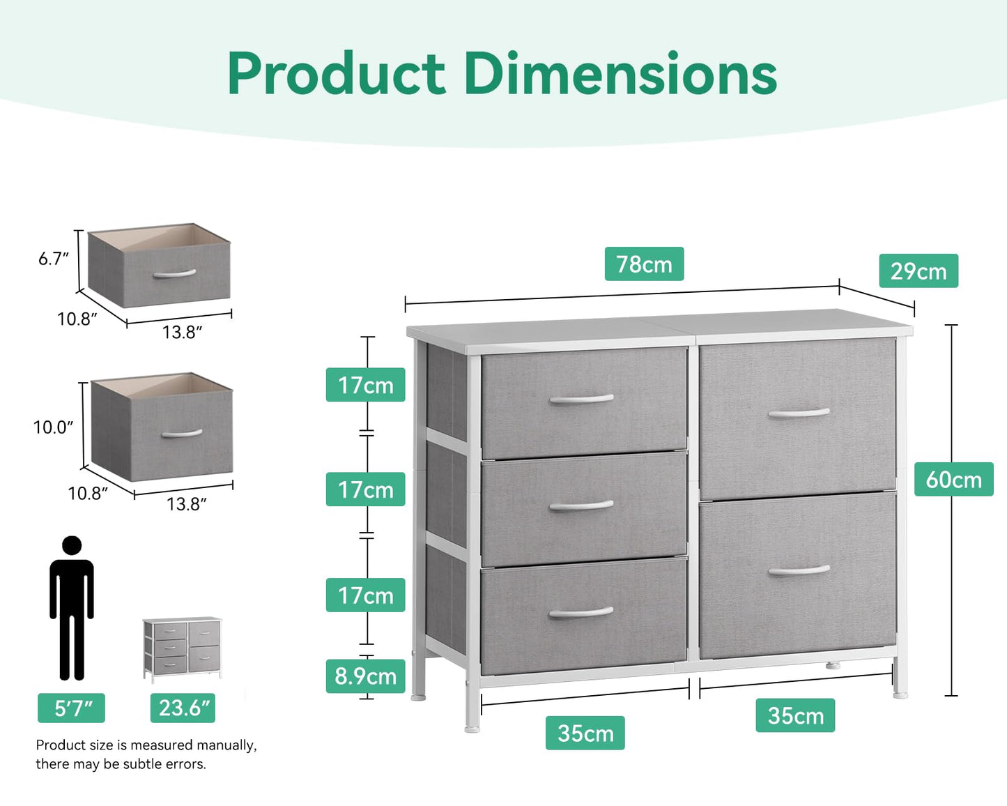 Coleshome Small Chest of Drawers Bedroom with 5 Fabric Drawers, Light Gray