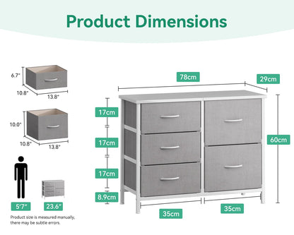 Coleshome Small Chest of Drawers Bedroom with 5 Fabric Drawers, Light Gray