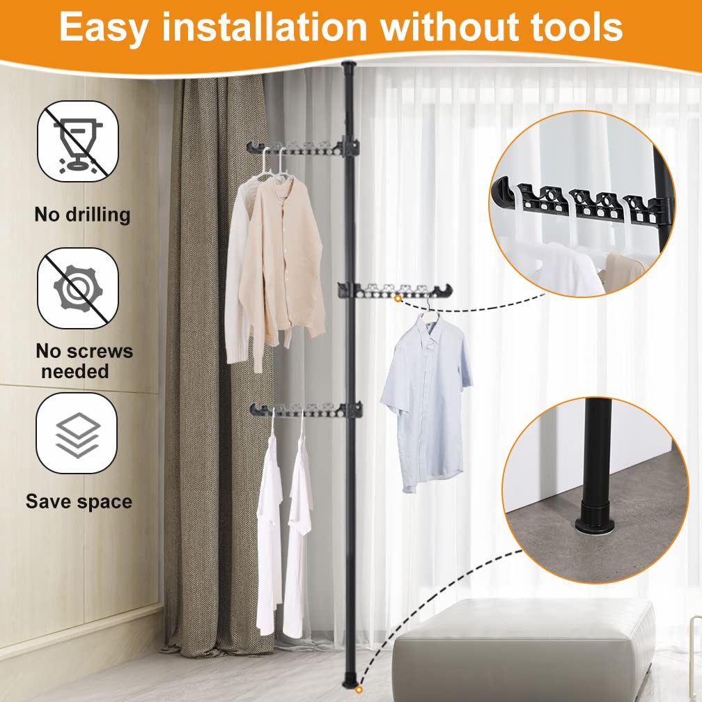 Hershii Telescopic Coat Rack, 110-310cm Adjustable Tension Rod with 5 Hooks