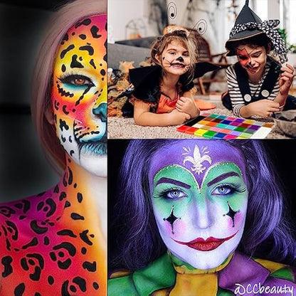CCbeauty Professional Face Paint Kit with Brushes 36 Colors(22 Regular,8 Metallic and 6 Glow Color) Halloween Neon Body Paint Oil Based SFX Cosplay Large Black White Face Painting Palette
