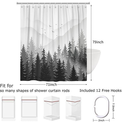 Hnmdmyi Black and White Shower Curtain 180x200, Misty Forest Mountain Ombre Grey Foggy Nature Tree Woodland Landscape Bathroom Curtains Waterproof