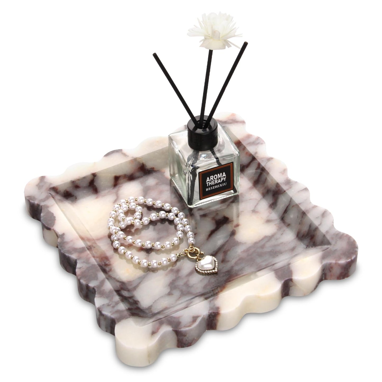 Marble Tray with Scalloped Edge,Luxury Natural Stone Bathroom Vanity Tray Decorative for Dresser Top Perfume Coffee Home Kitchen Sink Key Trinket Ring
