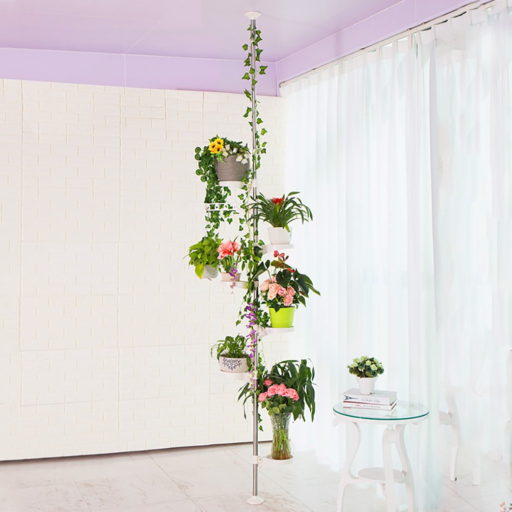 BAOYOUNI Plant Stand Tension Pole Indoor Telescopic Rod Corner Metal Flower Display Rack Tiered Pot Holder Adjustable Hanging Storage Shelf Floor to