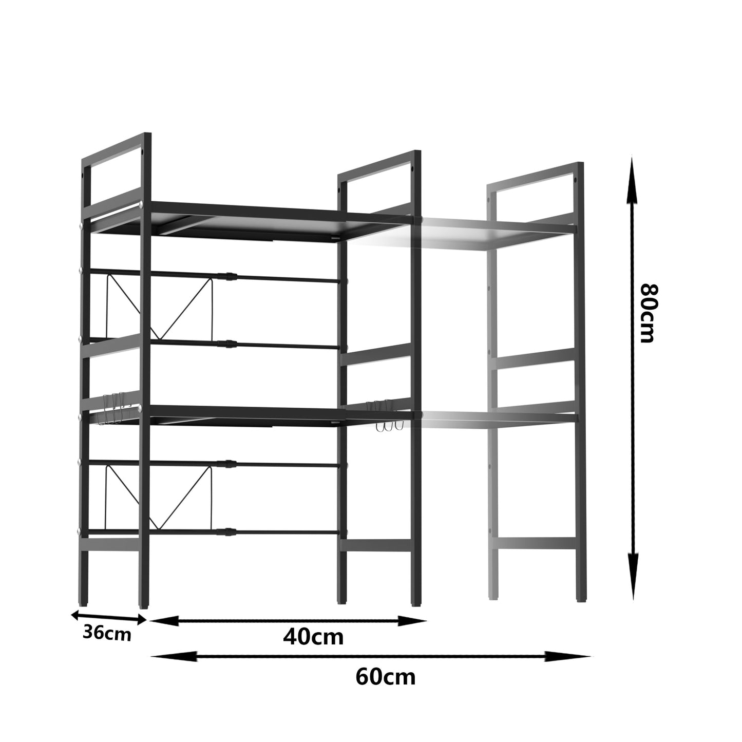 Furnestorica Retractable and Adjustable Microwave Rack, 3-Layer Microwave Shelf Made of Carbon Steel, Robust Holder with 6 Hooks