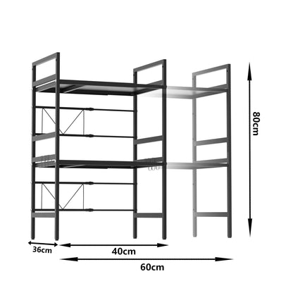 Furnestorica Retractable and Adjustable Microwave Rack, 3-Layer Microwave Shelf Made of Carbon Steel, Robust Holder with 6 Hooks