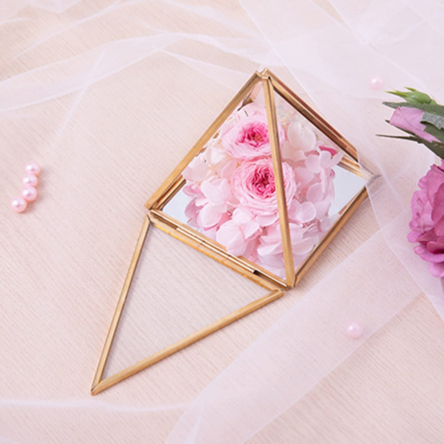 TOBEOME Glass Jewelry Box Golden Geometric Decorative Box Geometric Glass Pyramid Ring Holders for Wedding Birthday Gift L
