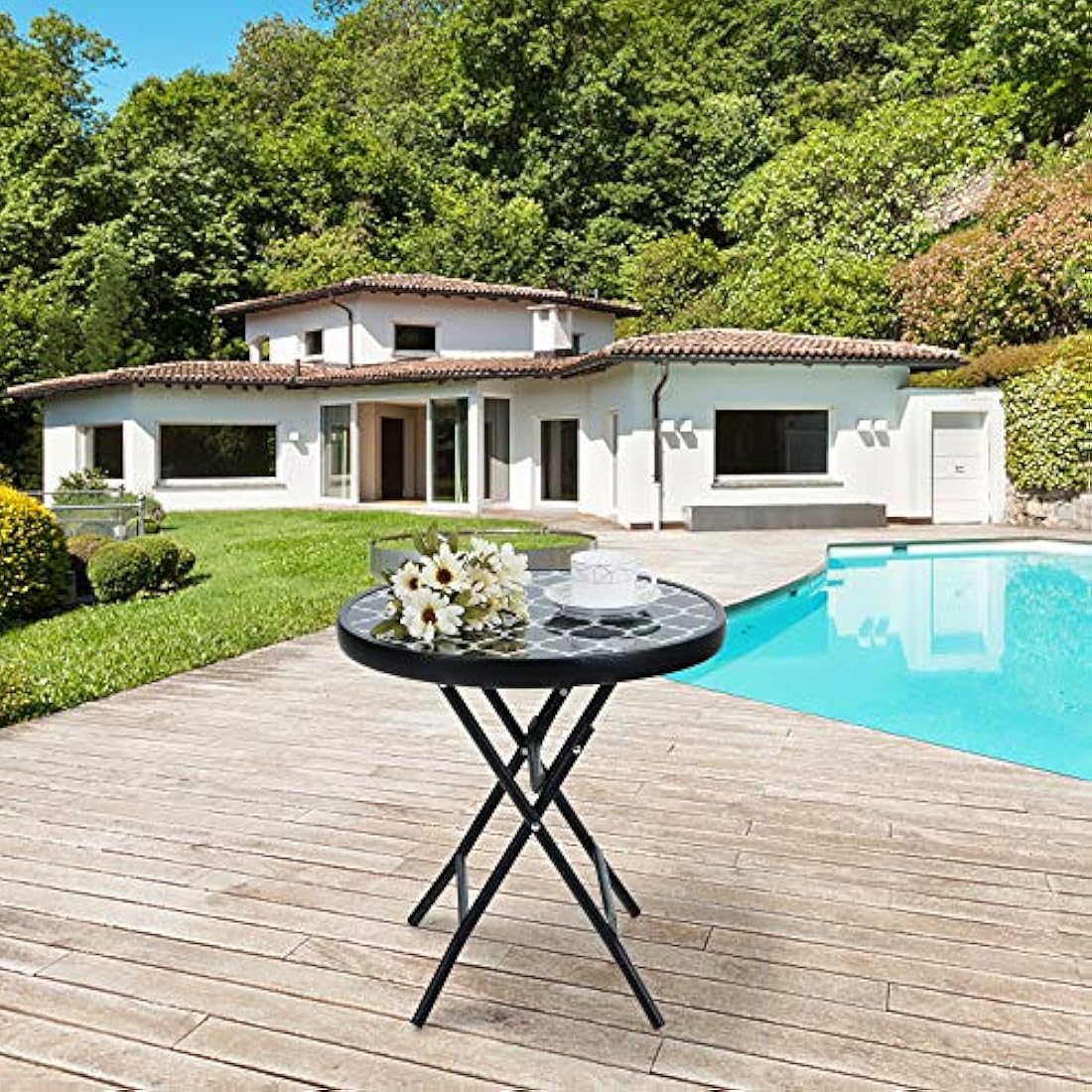 PHI VILLA Folding Side Table, Foldable Coffee Table, Outdoor Garden Table, Small Round Patio Table - Black