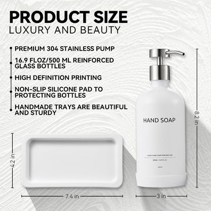 Janxin 2pcs Refillable Liquid Hand Jar Dispenser for Bathroom, Glass Soap Dispenser Bottle with Pump, 500ML, With Ceramic Tray