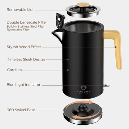 London Boutique Electric Kettle, Stainless Steel kettles Electric, Cordless Fast Boil Electric kettle with Wood Effect, Boil Dry Protection,