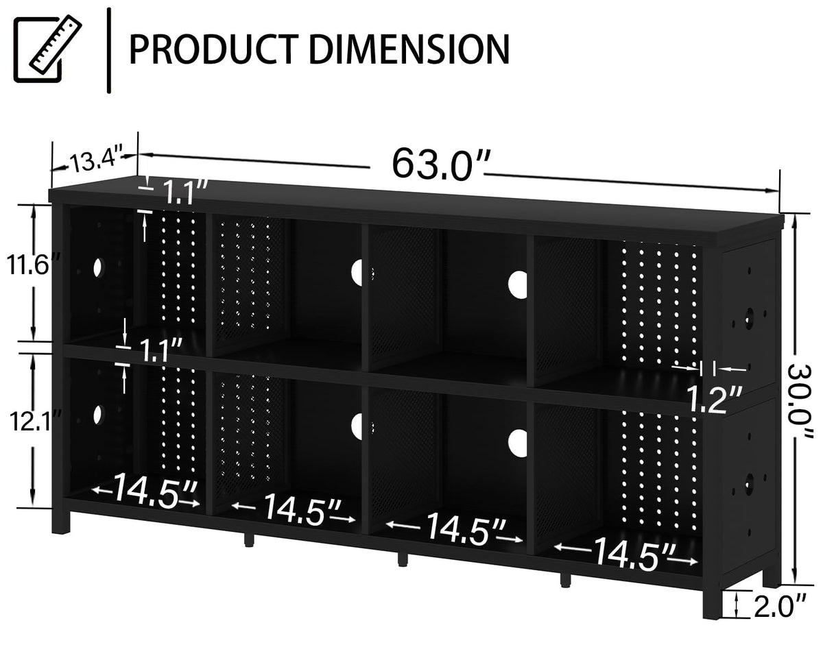 LVB Black Horizontal Bookshelf, Modern Cube Storage Organizer Bookcase, Industrial Wide Long Wood Metal Book Shelf