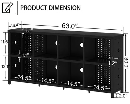 LVB Black Horizontal Bookshelf, Modern Cube Storage Organizer Bookcase, Industrial Wide Long Wood Metal Book Shelf