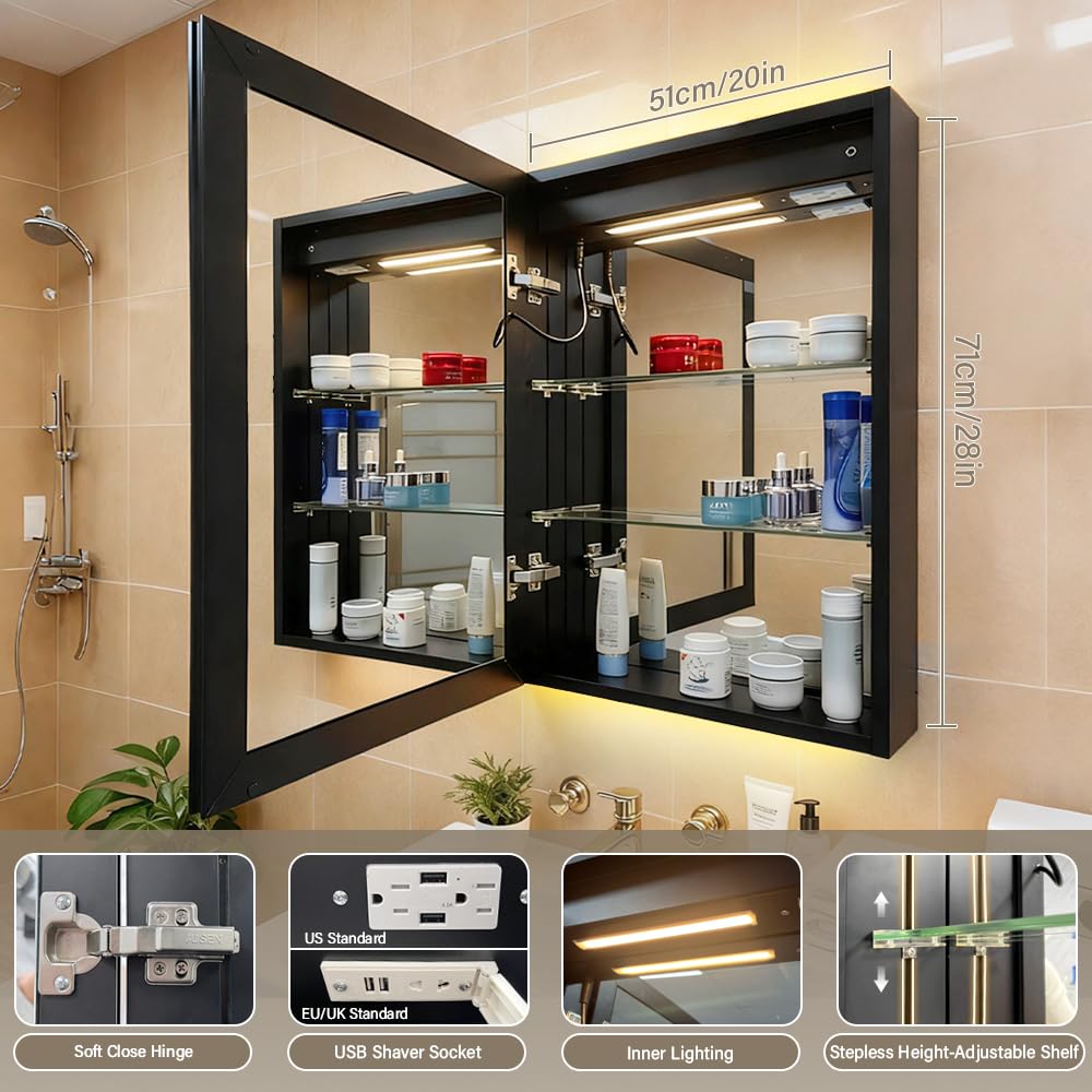 KAASUNES LED Mirror Cabinet with Light,Stepless Glass Shelf,3 Colors&Dimmer,Defogger,Internal light&USB Shaver Socket,Backlit&Frontal