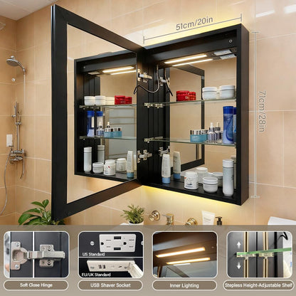 KAASUNES LED Mirror Cabinet with Light,Stepless Glass Shelf,3 Colors&Dimmer,Defogger,Internal light&USB Shaver Socket,Backlit&Frontal