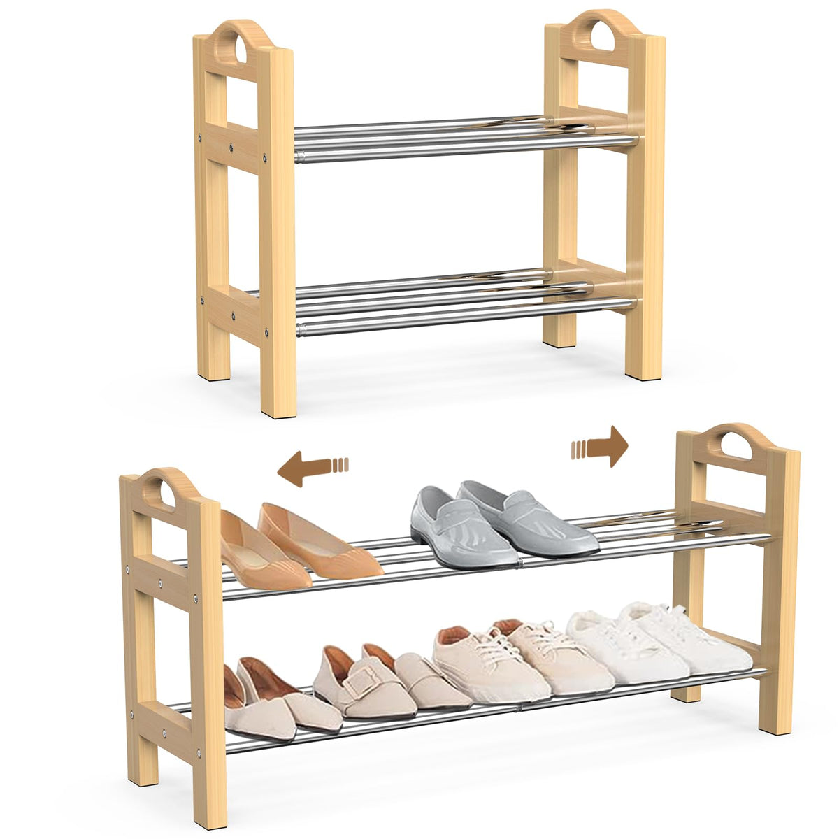 LEMIKKLE Shoe Rack, Oak Wooden Shoe Storage Rack, 2 Tier Stainless Steel Expandable Design, Ideal for Small Shoe Rack for Narrow Space