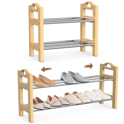 LEMIKKLE Shoe Rack, Oak Wooden Shoe Storage Rack, 2 Tier Stainless Steel Expandable Design, Ideal for Small Shoe Rack for Narrow Space