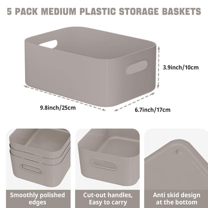 W&H 5 PCS Plastic Storage Baskets, Medium Storage Boxes with Handle, Rectangular Home & Kitchen Organiser, Plastic Baskets for Bathroom, Shelves