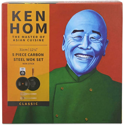 Ken Hom Carbon Steel Wok Set, 31cm, Classic, Non-Induction/Wooden Handle/Flat Base Pan, Includes Wok Pan with Lid, Wooden Wok Utensils & Recipe Book,