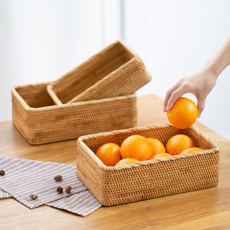 Rattan Storage Baskets, Wicker Baskets for Organizing, Hand Woven Decorative Box for Kitchen Counter, Living Room, Bathroom, Set of 3 (Rectangular)