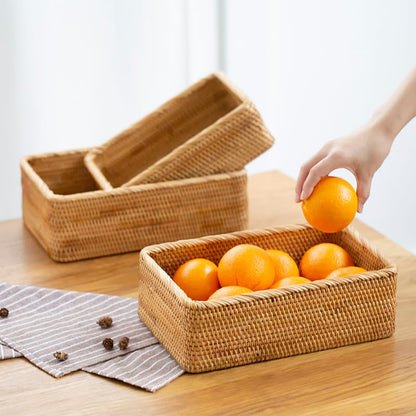 Rattan Storage Baskets, Wicker Baskets for Organizing, Hand Woven Decorative Box for Kitchen Counter, Living Room, Bathroom, Set of 3 (Rectangular)