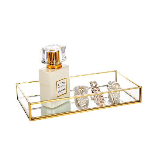 Feyarl Glass Vanity Tray Gold Mirrored Trays Jewelry Trinket Trays Small Perfume Tray Rings Earrings Organizer Decorative Tray for Dressr Drawer