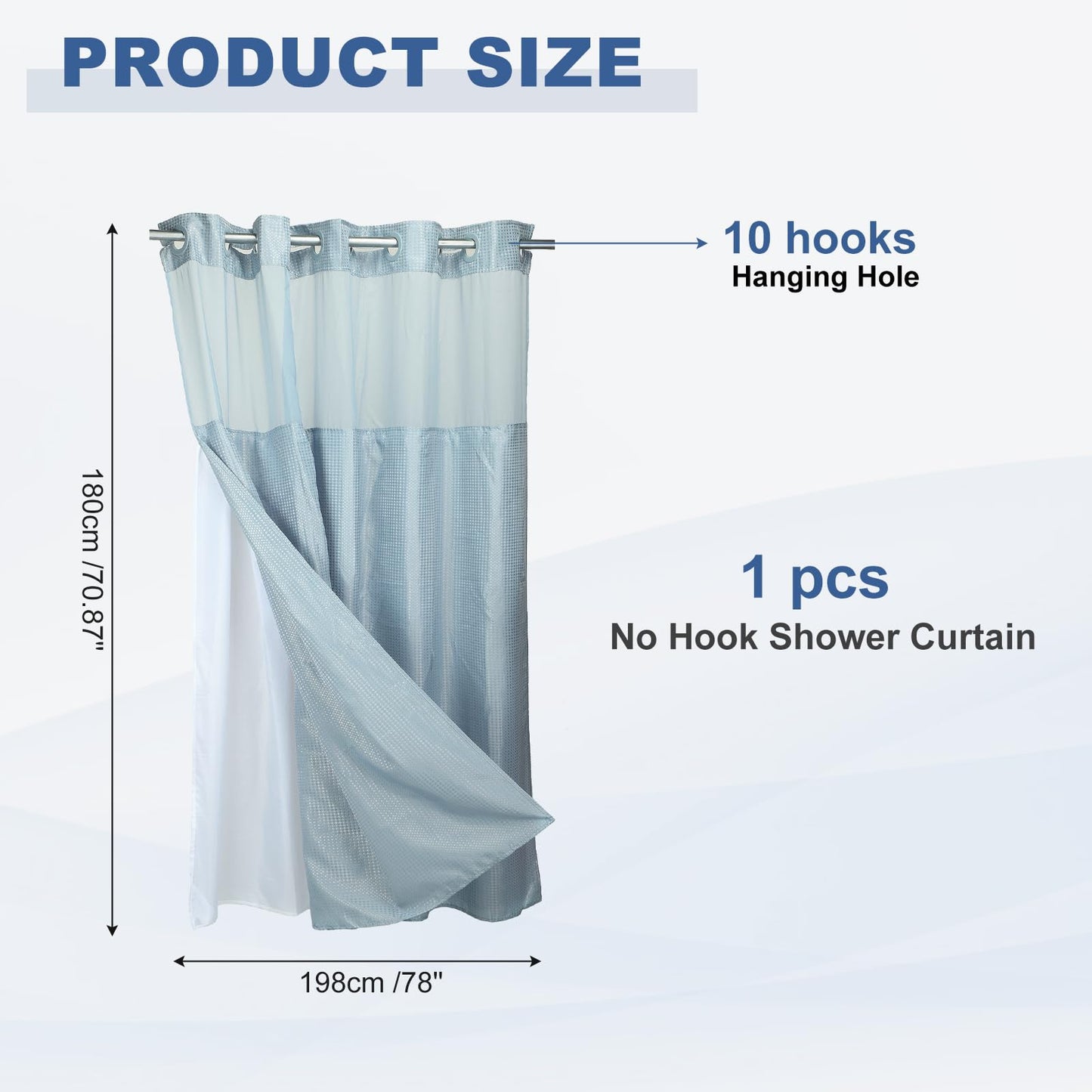 DTGN No Hook Shower Curtain, 180Wx198L cm Polyester Snap-in Removable Liner Set, Waterproof Washable Waffle Weave Textured Shower Curtains for Home