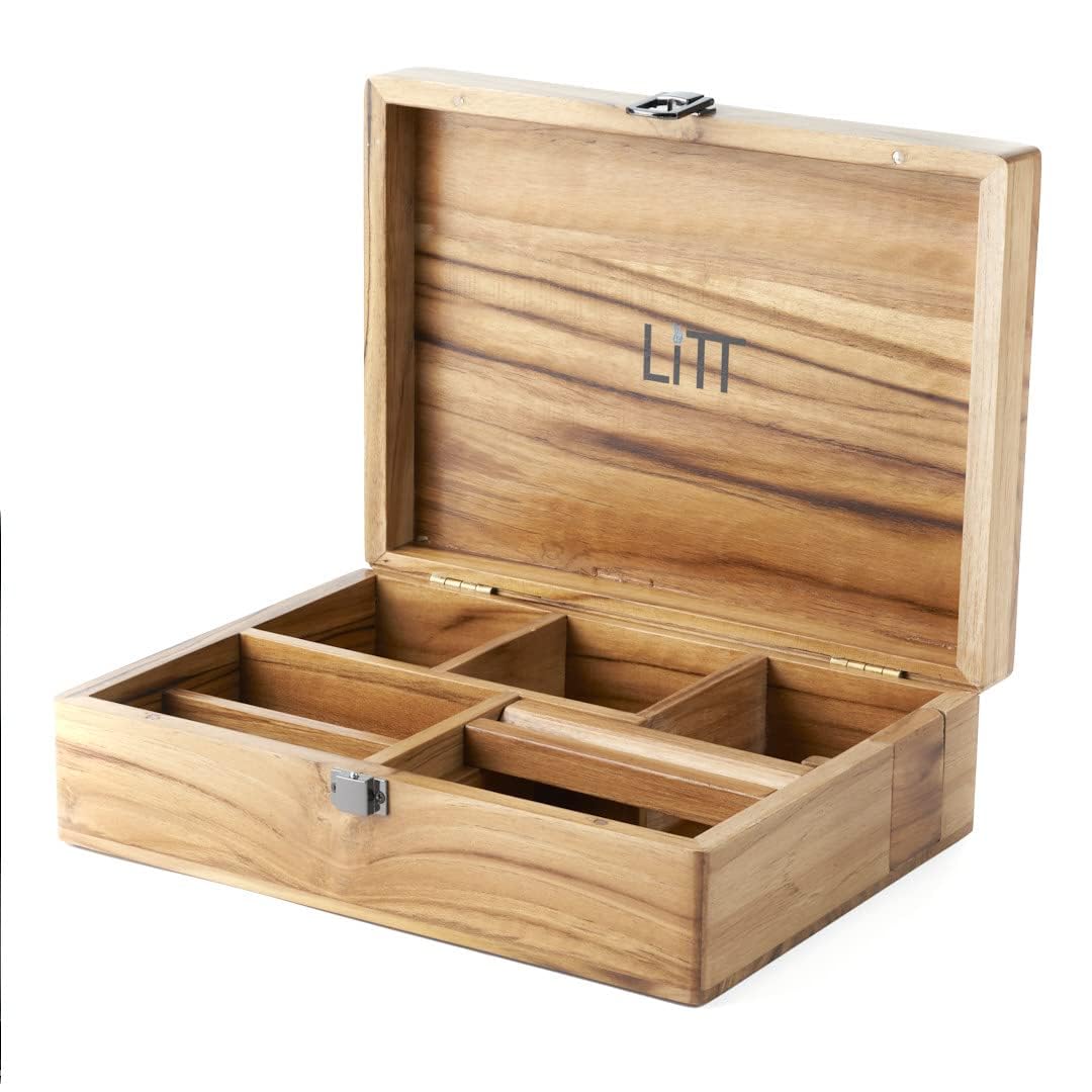 LITT Portable Teak Wooden Stash Box - Rolling Storage Set with Tray, Accessory with Lid - Discreet Secure Storage