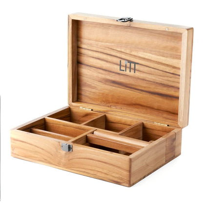 LITT Portable Teak Wooden Stash Box - Rolling Storage Set with Tray, Accessory with Lid - Discreet Secure Storage