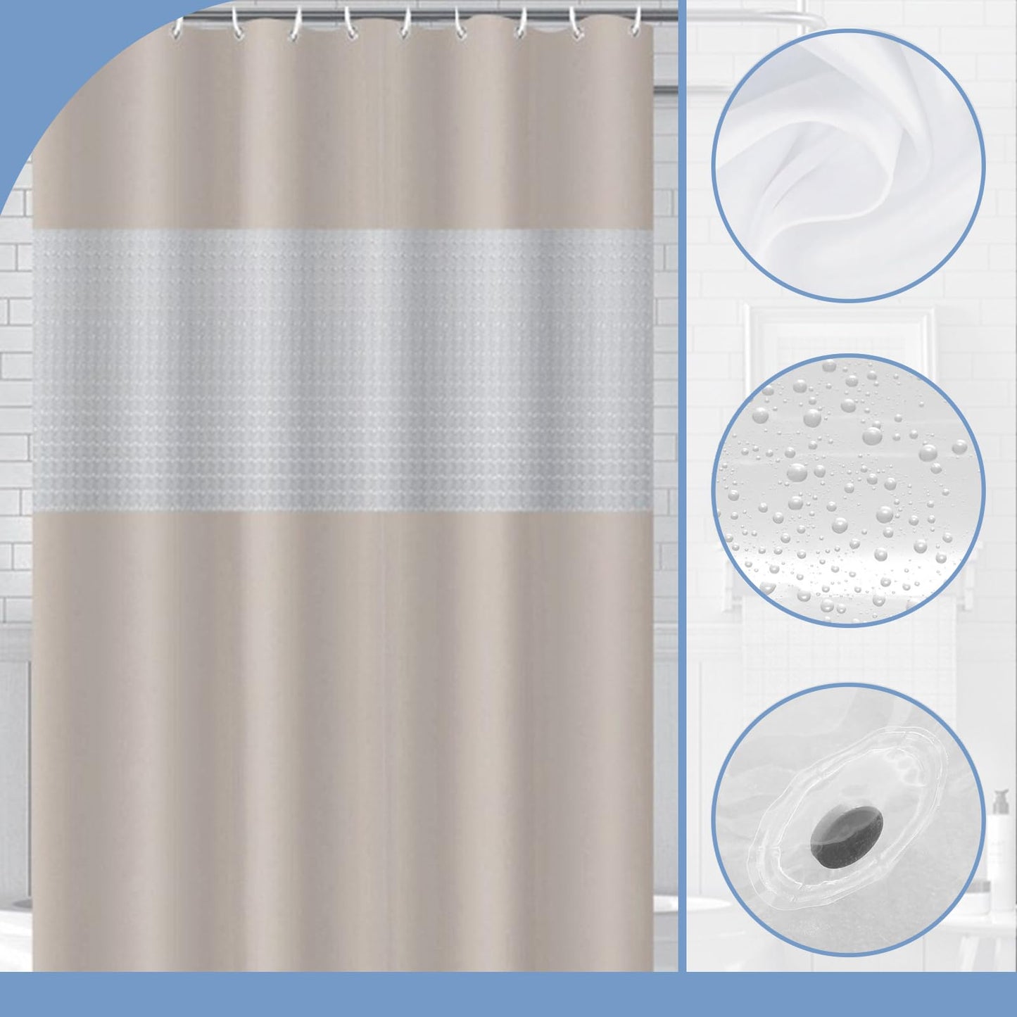COSORO PEVA Shower Curtain 180x180cm,Heavy Duty Plastic Beige Spliced Weighted Shower Curtains Mould Proof Resistant Waterproof Bath Curtains with 12