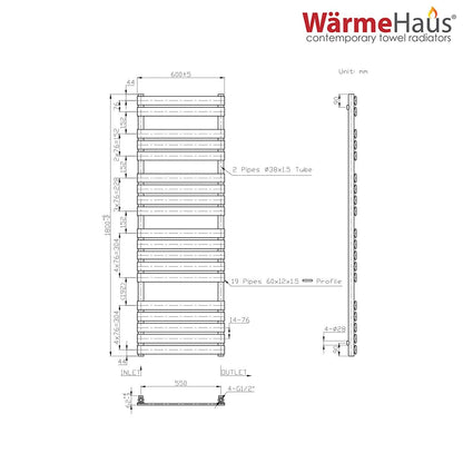 Warmehaus Flat Panel Heated Towel Rail Bathroom Radiator Chrome 1800x600mm
