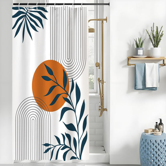 Uiiooazy Abstract Shower Curtain, Blue Leaves Mid Century Terracotta Arch Modern Minimalist Bath Curtain Mildew and Mould Proof Waterproof Polyester