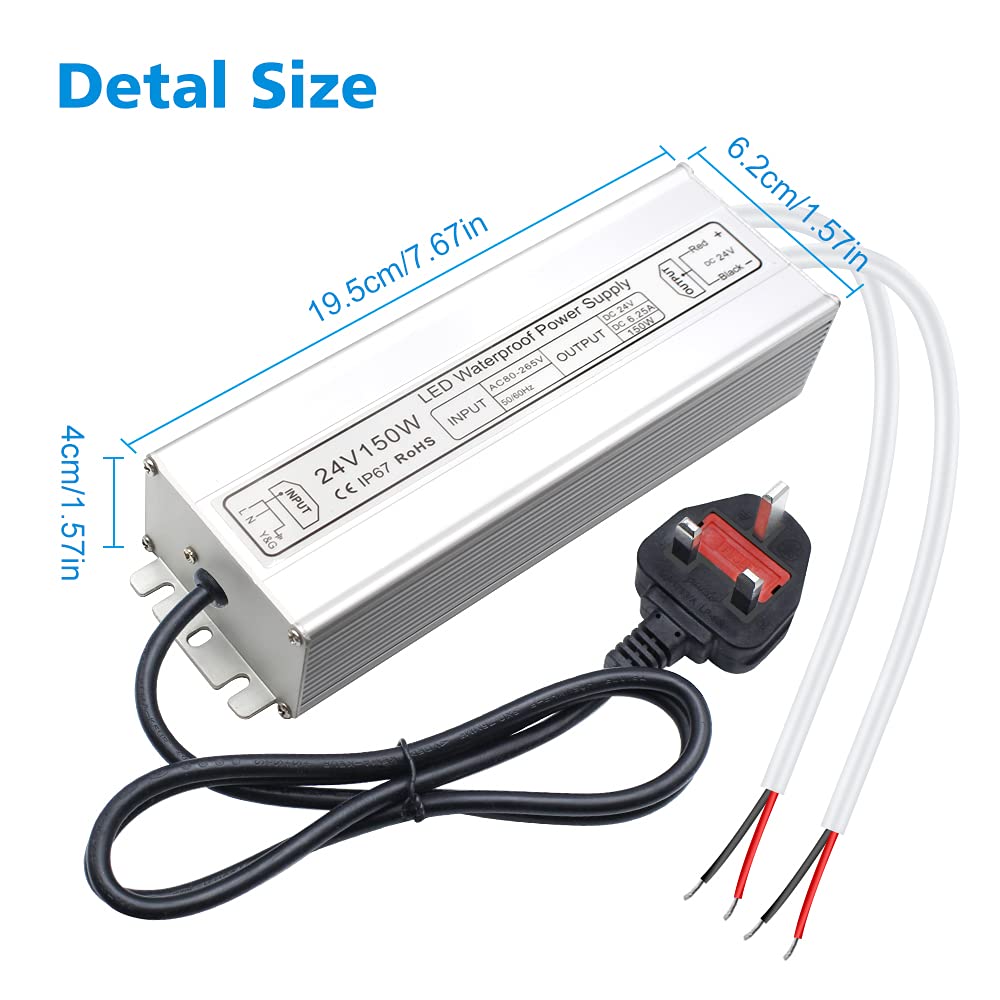 inShareplus LED Power Supply, 24V 150W IP67 Waterproof Outdoor Driver, AC 80-265V to DC 24V 6.25A Low Voltage Transformer, Adapter with 3-Prong Plug