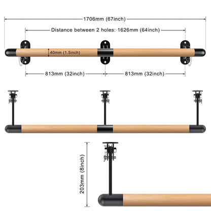 BeneLabel 170cm Ballet Barre, Adjustable Wooden Dance Stretching Bar Wall Mounted Home Barre Workout Equipment with Metal Support Bracket Holder for