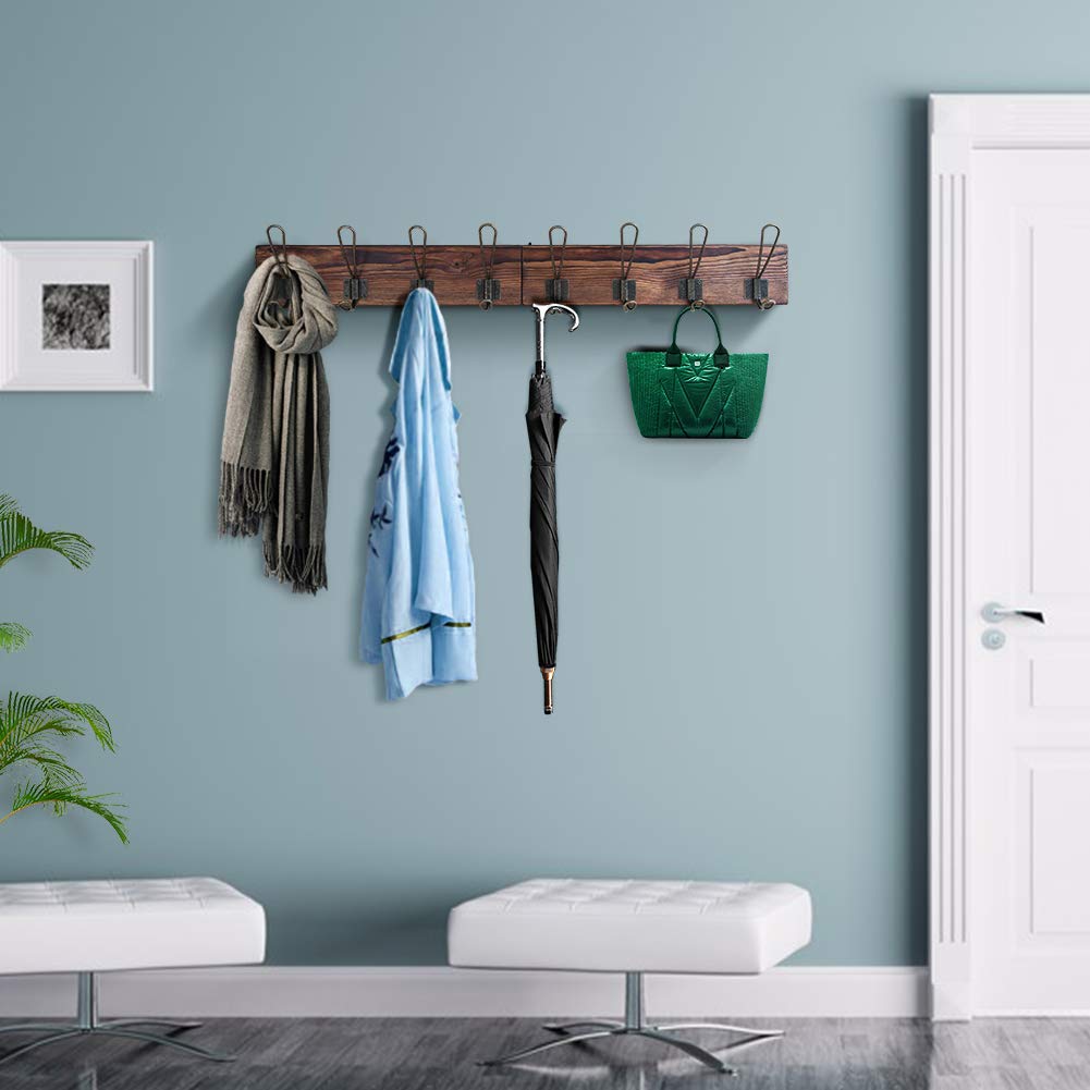 KOLYMAX Rustic Coat Rack Wall Mounted, Solid Wooden Coat Hook Rack with 8 Hooks Perfect Touch for Your Entryway, Mudroom, Kitchen, Bathroom and More