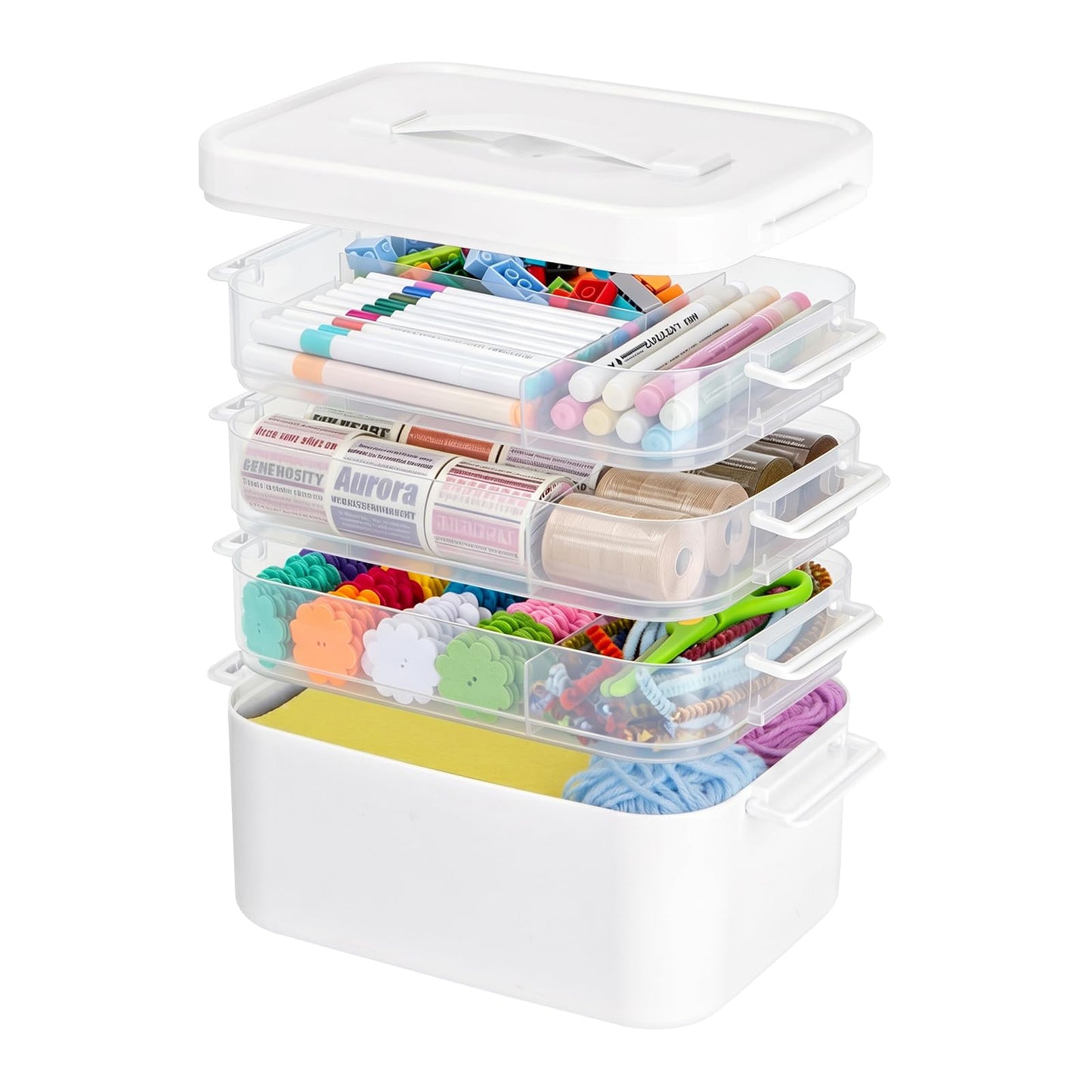 Creahaus 4 Layers Multipurpose Storage Box Organiser with Removable Trays, Stackable Art Craft Storage Box Case with Handle