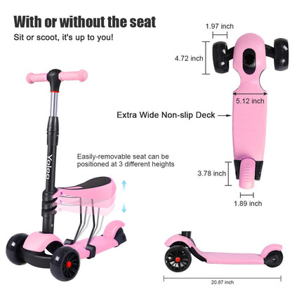 YOLEO Kids Three Wheel Kick Scooter with Removable Seat, LED Flashing Wheels, Height Adjustable, 3-in-1 Lightweight Children's Scooter Boys and Girls