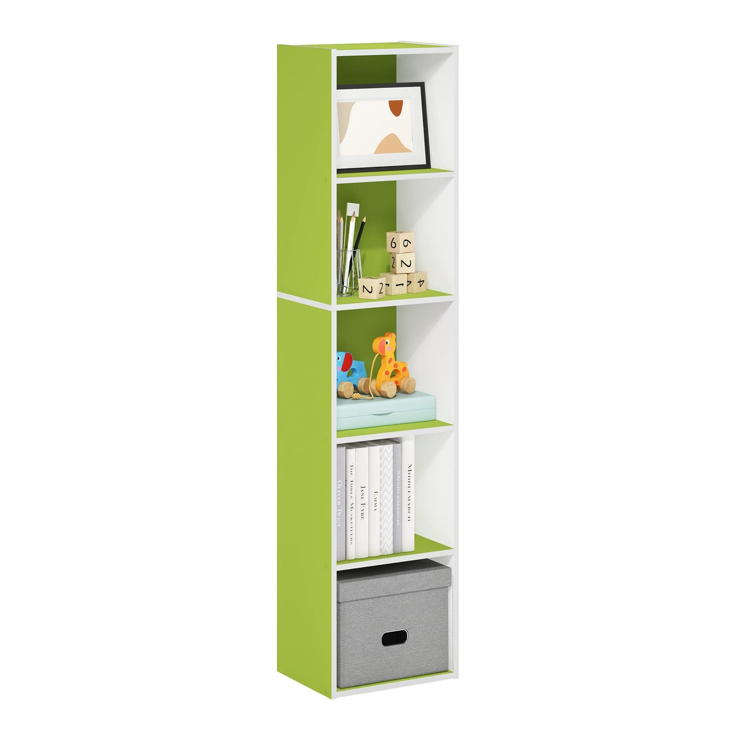 Furinno PASIR Book Shelf, 5-Tier Modern Bookshelf, Open Shelves Bookcase 9 x 12 x 52, for Living Room, Bedroom, Home Office, Green/White