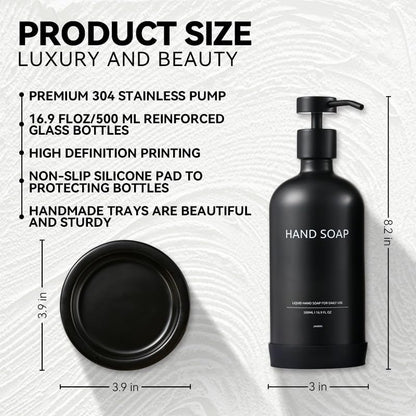 Janxin Black Glass Bottles with Pump, Hand Soap Dispenser Set, Glass Soap Dispenser Set, Washing up Lliquid Dispenser, With Tray