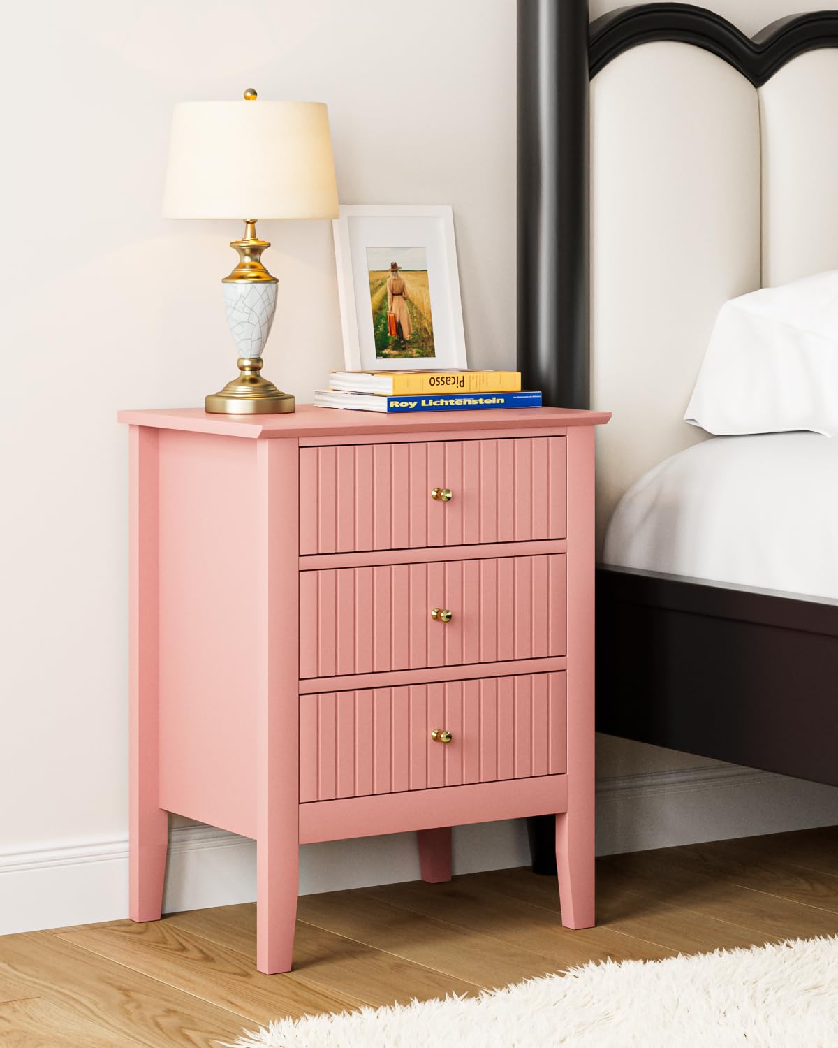 HEYZOEY Bedside Cabinet with 3 Drawers, Wooden Bedside Table, Modern Side Table for Bedroom or Living Room (Pink, 45 ? 35 ? 61.5 cm)