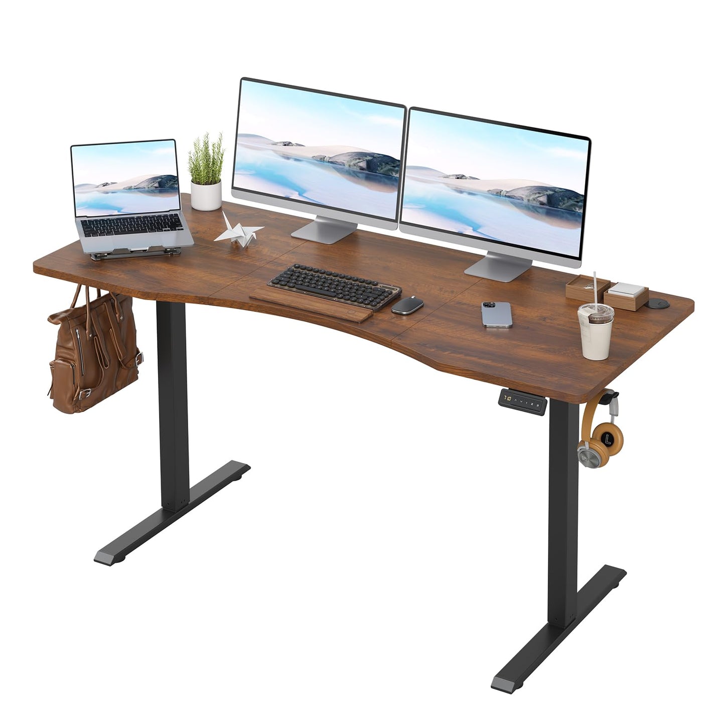 Farini U-Shaped Ergonomic Electric Standing Desk, 140x60cm, Height Adjustable Sit to Stand Desk with Memory Keypad & Headphone Hook for Home and