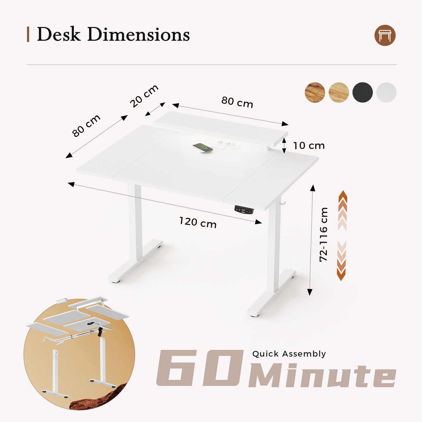 Klicelor Electric Standing Desk, Led & Plug, Movable Monitorstand, 120x80