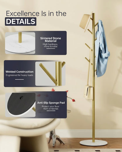 Tujurich Coat Rack with 8 Hooks, 3 Adjustable Heights, Modern Hall Tree, Sturdy Metal Coat Stand with Sintered Stone Base, for Hallway