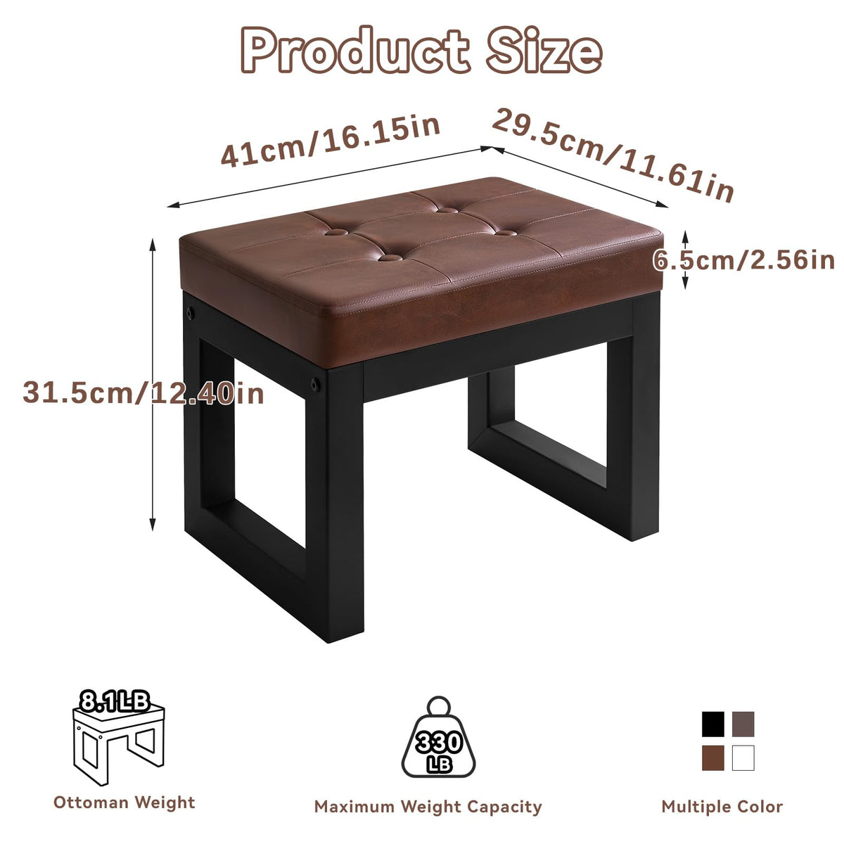 IBUYKE 16 Inch Small Foot Stool Ottoman, Rectangle PU Faux Leather Foot Rest with Padded Seat and Metal Legs