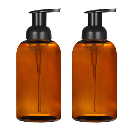 2 Pack Amber Glass Jar Soap Dispenser with Foaming Pump, 13 Ounce Amber Round Bottles Dispenser with Foaming Pump