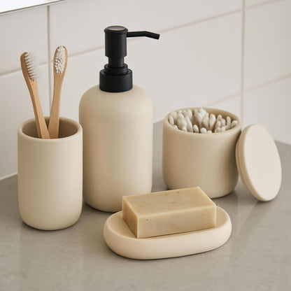 Ava Nord Modern Minimalist Ceramic Bathroom Accessories | Set of 4 | Cream