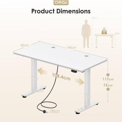 OffiGo Standing Desk, 140x60cm Height Adjustable Desk with 2 Memory Presets