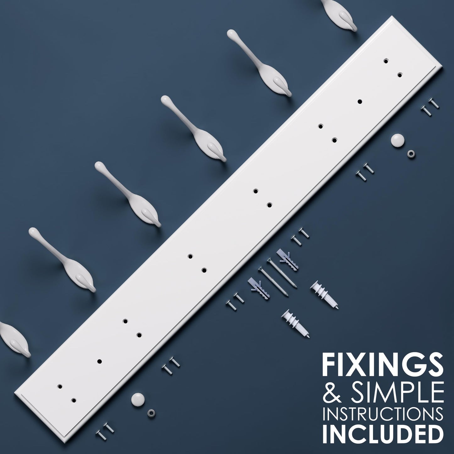 LARHN White Wall-Mounted Coat Rack - 6 White Coat Hooks, 59cm