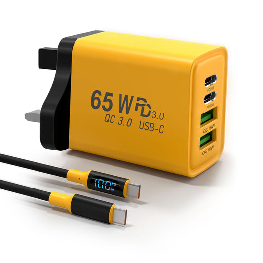 65W USB C Charger, Mac Book Charger,4 Port Multi-Device Fast Charging, Compact GaN Power Adapter, Digital display Cable, for iPhone 17 16 15 Series,