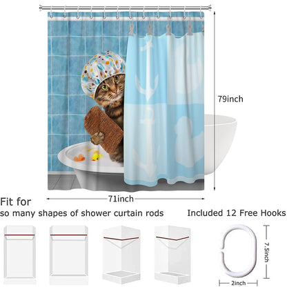 Hnmdmyi Funny Cat Shower Curtain 180x200, Bathing Animal Kitten Shower Curtains Cute Kids Children Blue Bathroom Curtains with Hooks Waterproof