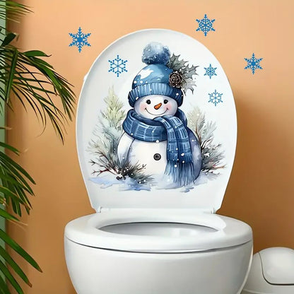 Christmas Snowman Snowflake Toilet Cover Sticker Decals,Fish Bird Flower Leaf Waterproof Toilet Lid Tank Seat Decals Cistern Self-Adhesive Bathroom