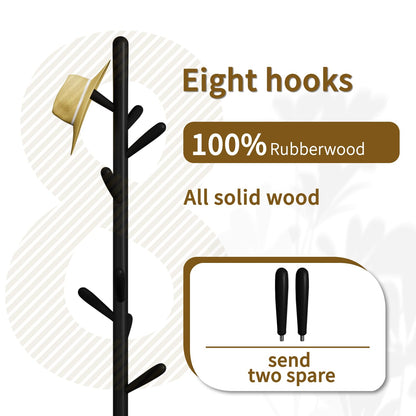 Awatiwa Solid Wood Round Base Coat Rack, Free Standing Hall Coat Tree with 8 Hooks（+2 spare for Coats, Hats, Bags, Purses, for Entryway, Hallway